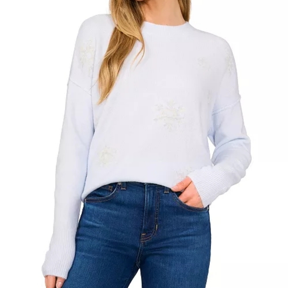 NWT - CeCe Intarsia Metallic Snowflakes Light Blue Long Sleeve Sweater - Size XL